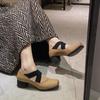 Fashion Brief Pumps Genuine Leather Heels Shoes Women Sandals Ladies Mary Jane Square Toe Sweet Retro African Block African Party Beige