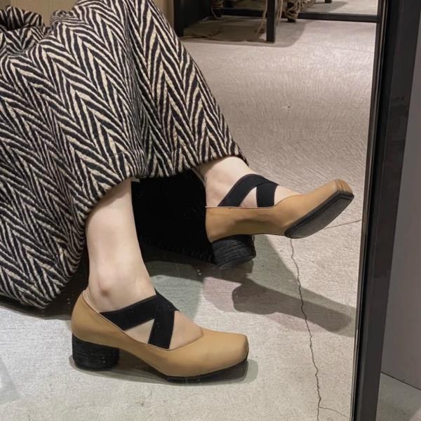 Fashion Brief Pumps Genuine Leather Heels Shoes Women Sandals Ladies Mary Jane Square Toe Sweet Retro African Block African Party Beige