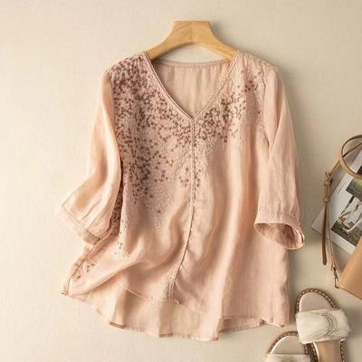 Summer New Style Solid Color V-neck Women's Embroidered Lace Elegant Versatile Half Sleeve Loose Cotton Hemp Shirt Tops