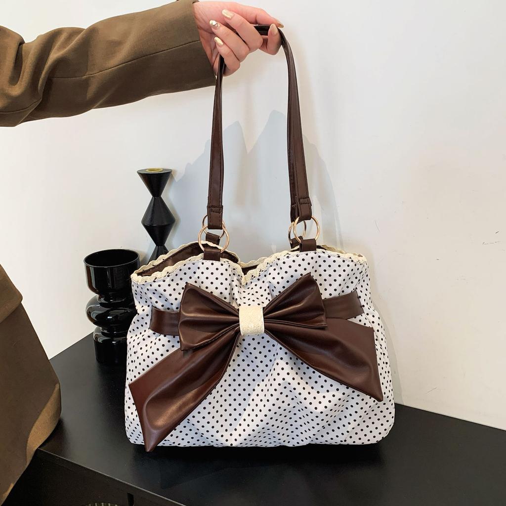 Neue Mode Polka Dot Schleife Spitze Große Kapazität Schultertasche für Damen Pendler Tote Handtasche