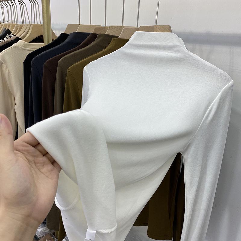 Women's Elastic Slim-Fit Long-Sleeve Half-High Collar Fleece T-Shirt - Soft, Skin-Friendly, 2022 Autumn/Winter Collection