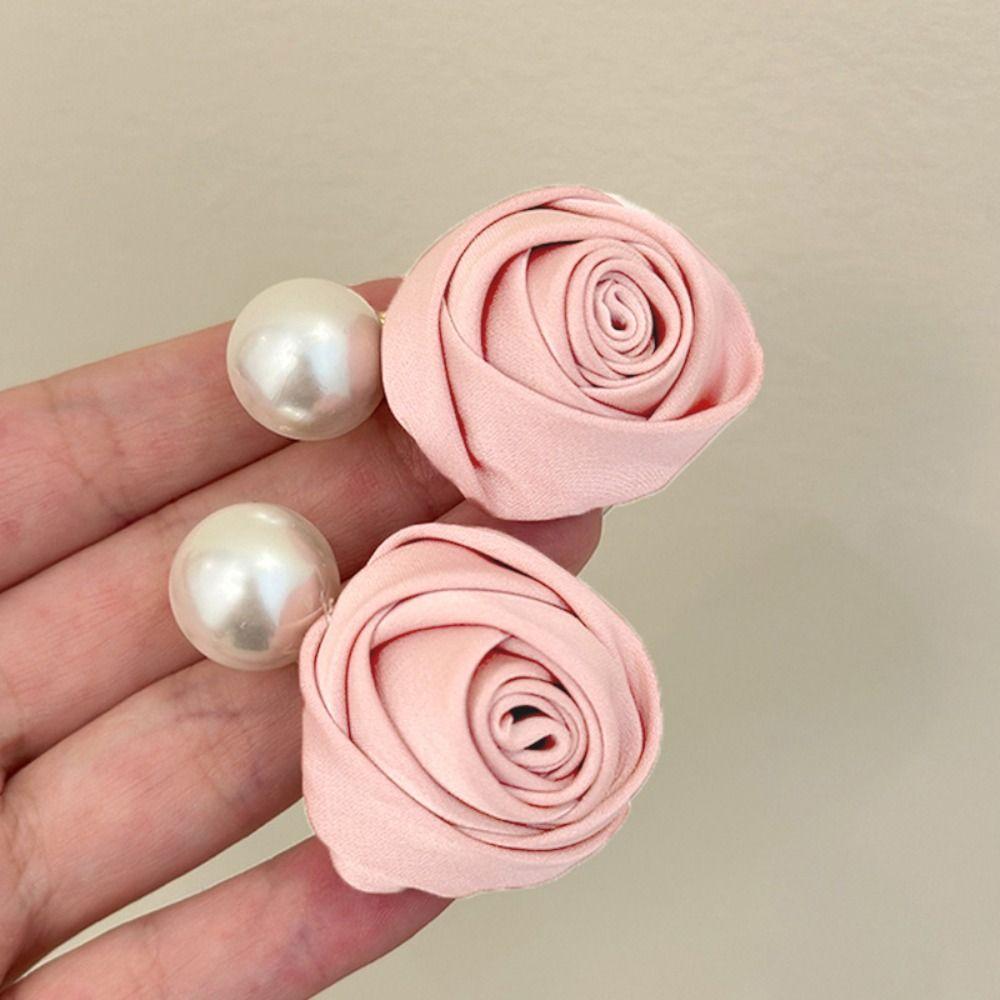 Flower Rose Hair Clips Korean Style Pearl Barrettes Elegant Silk Satin Hairpin  Women