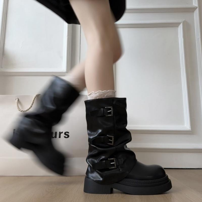 Fashion Retro Women Pleated Pipe Thick Heel Autumn Winter Belt Buckle Mid Calf Booties for Adult Women