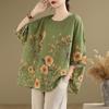 Ethnic Style Summer Blouse Cotton Ethnic Style Shirt Bat Sleeve Loose Large Round Neck T-shirt for Women