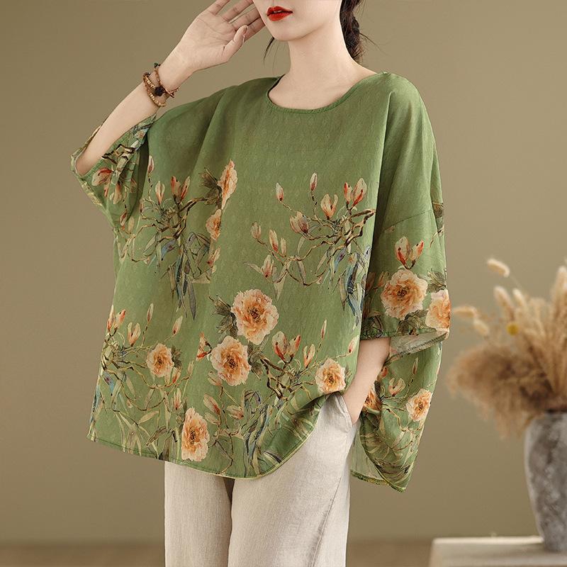 Ethnic Style Summer Blouse Cotton Ethnic Style Shirt Bat Sleeve Loose Large Round Neck T-shirt for Women