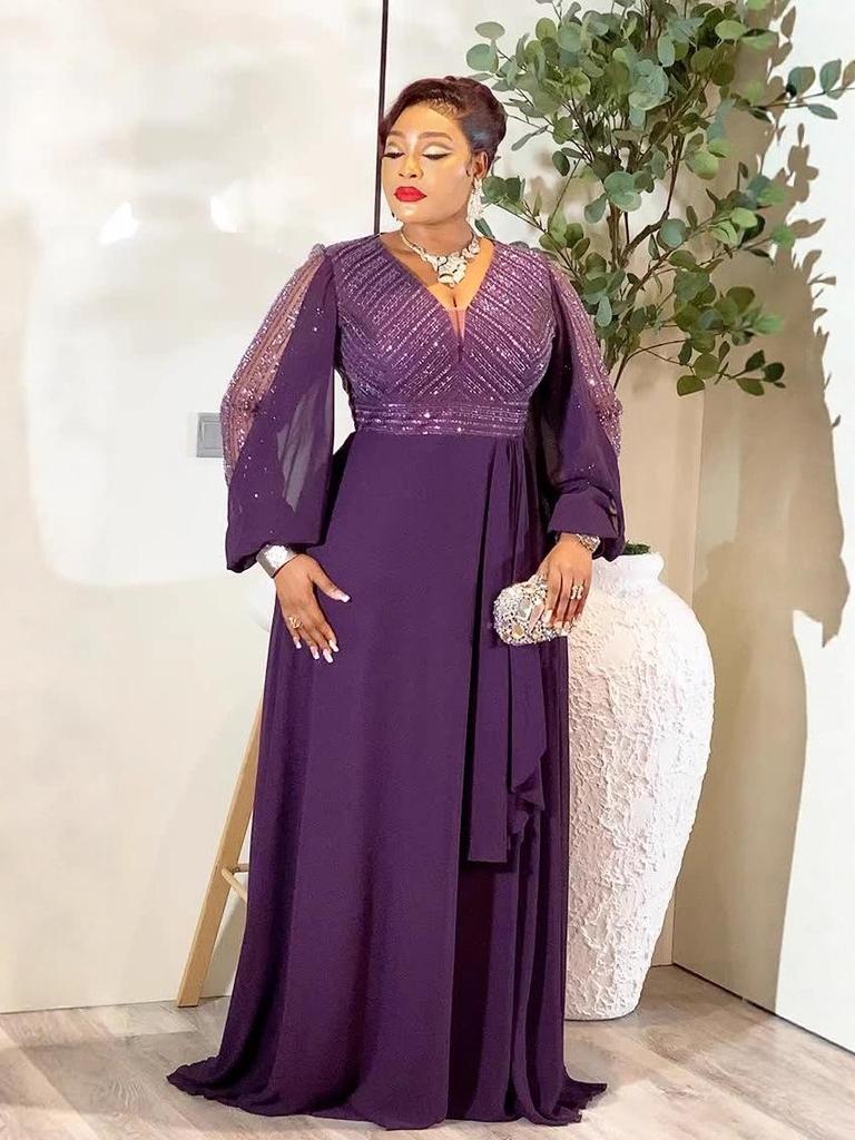 Plus Size V-Neck Sequin Patchwork Long Sleeve Evening Gown - Elegant High Waist Banquet Dress