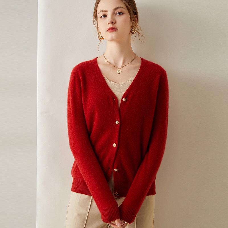 Women's V-Neck Cashmere Cardigan – Thin, Loose, Casual Knit Sweater for Autumn/Winter