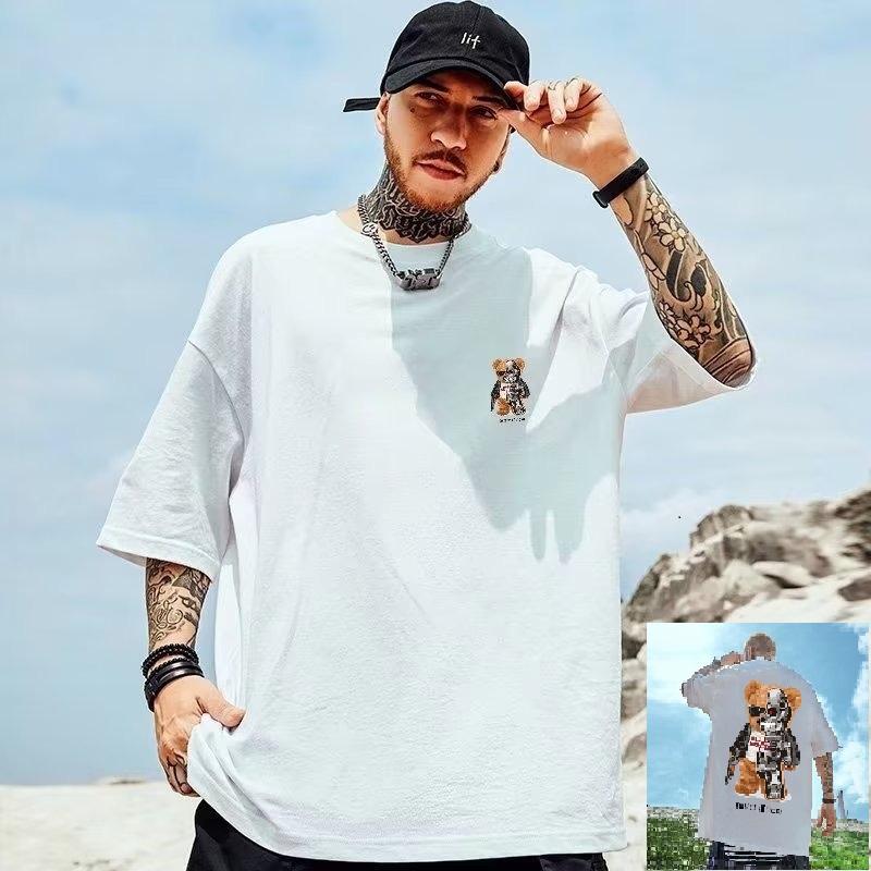 

Summer Round Neck 3D Little Bear Print Top Fashionable Casual Short Sleeved Men s T-shirts M білий