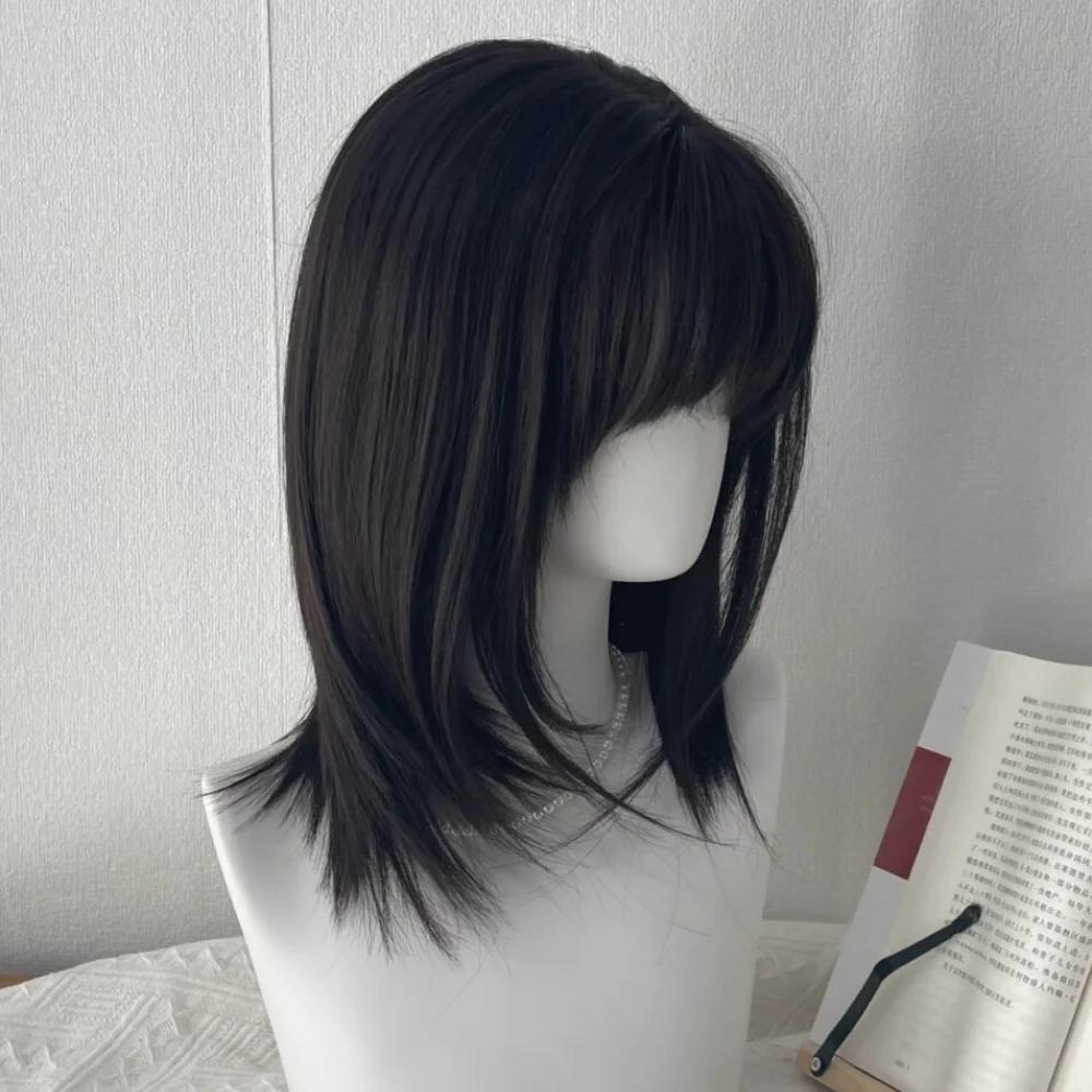 Y2K Perücke für Damen Schwarz Mittel-lang Glattes Haar Natürliche Simulation Tägliche Perücke mit Pony Kurzes Haar Bob Perücke