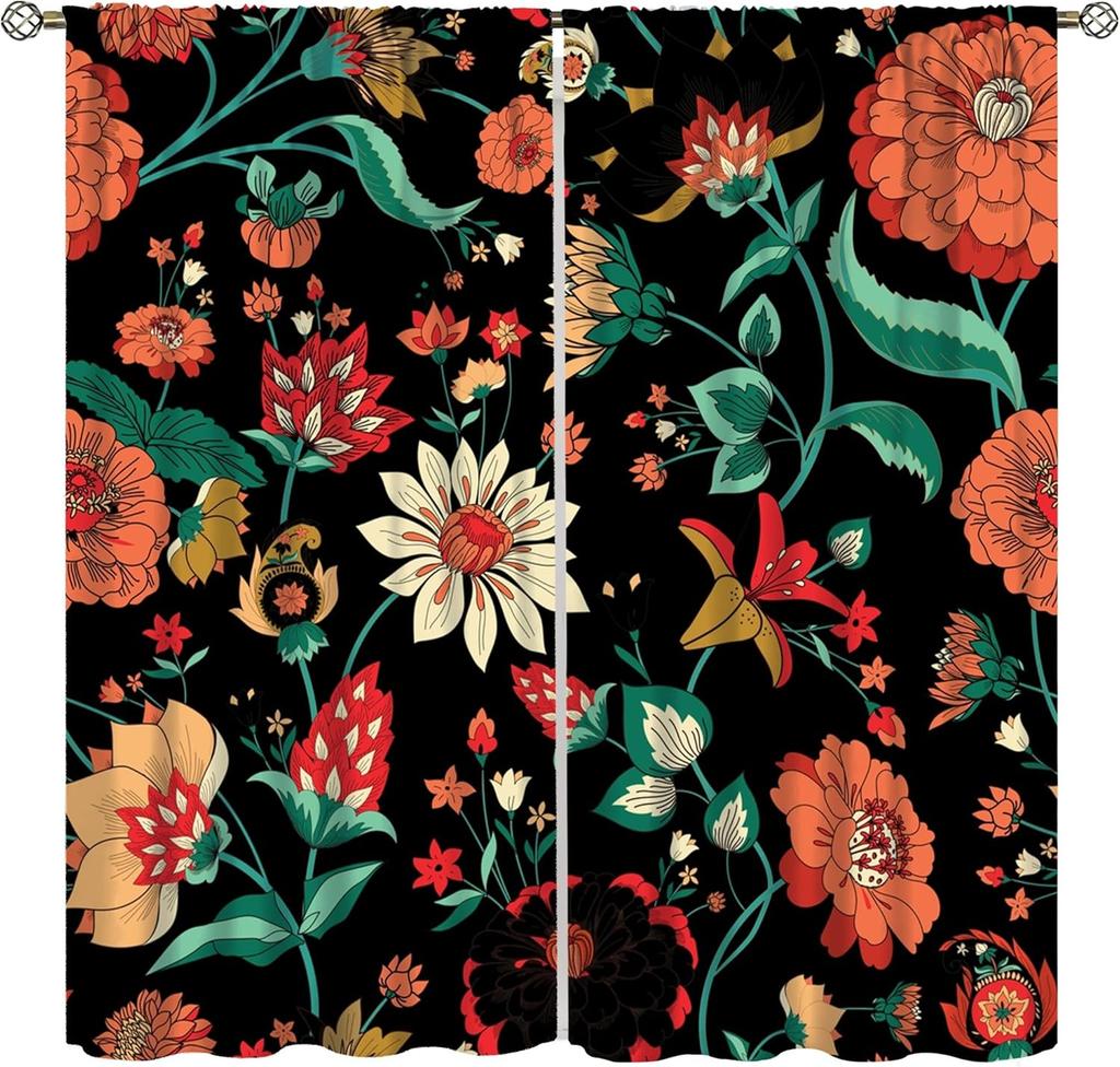 Bohemian Boho Floral Curtains Vintage Abstract Oil Painting Colourful Art Medieval Hippy Plant Flower Window Treatments Drapes Made Of Polyester