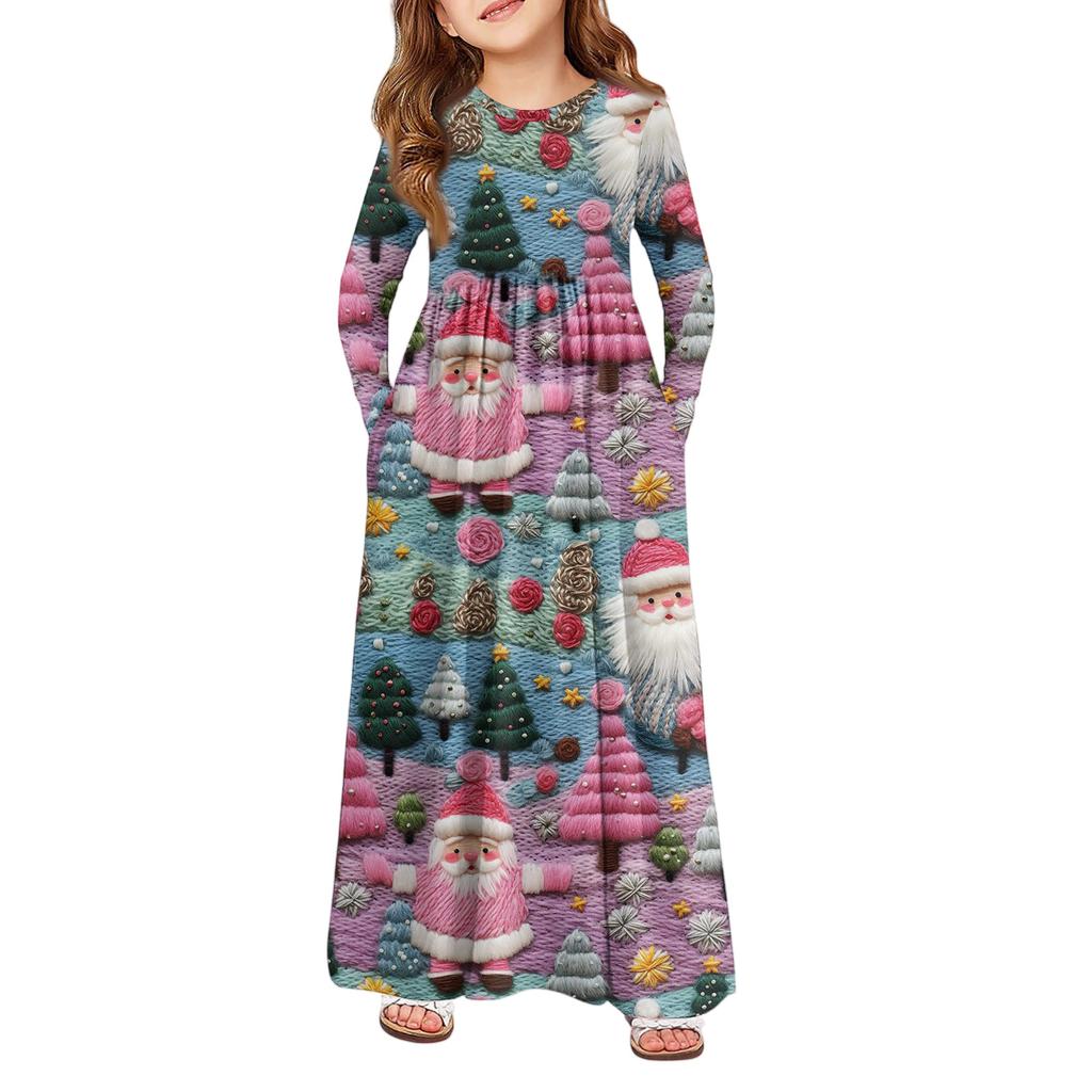 Girls' Maxi Dress - Long Sleeve Pocket Dress Christmas Day