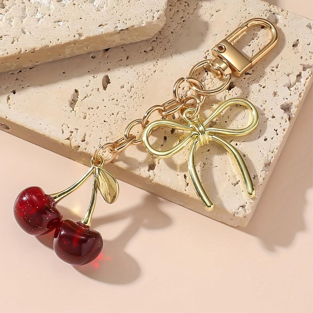 1pc Unisex Red Cherry Shaped Keychain With Fashionable Bow Pendant, Luxury Handbag Key Ring Accessory For Mother's Day Eid al Ad