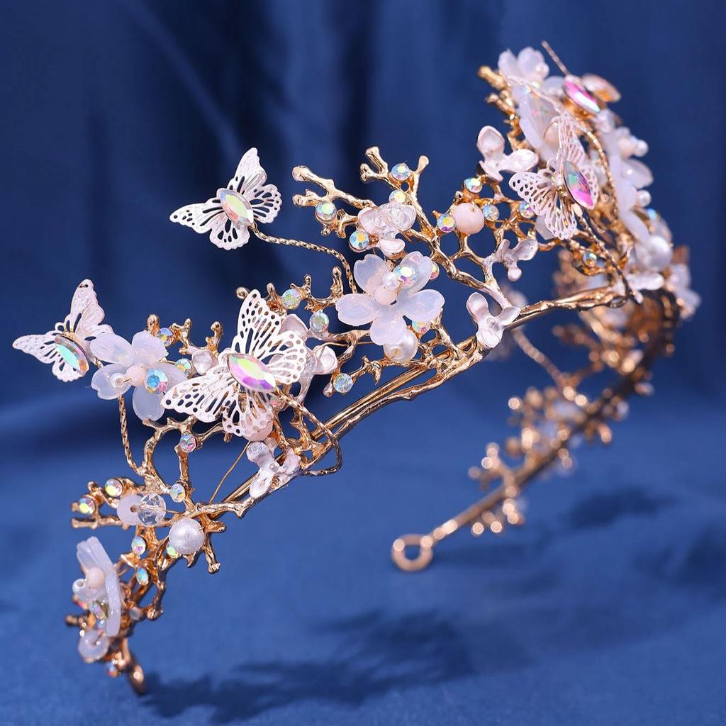 Exquisite Schmetterlinge Blumenkrone Handgefertigt Strass Prinzessin Festzugskronen Hochzeit Haarschmuck Brautdiademe Schmuck