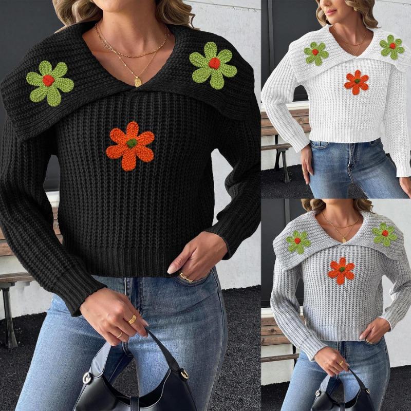 Top Women's Lapel Embroidered Flower Patchwork Pullover Sweater for Women
