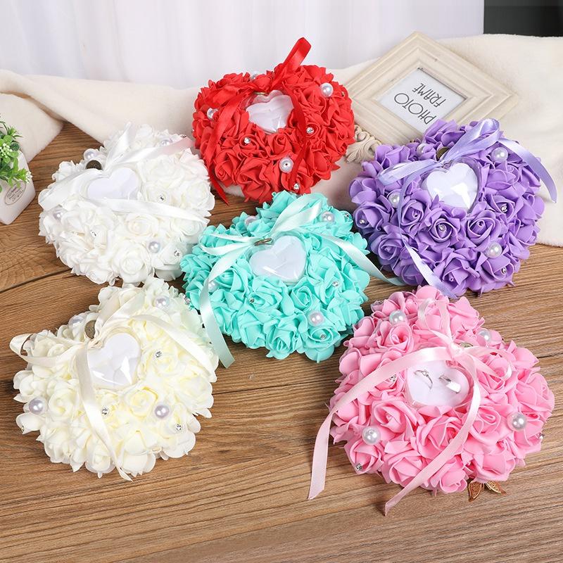 1 Stück Party DIY Dekorationen Herzform Simulation Rosenblüten Schmuckkästchen Ringbox Hochzeit Eheschmuck Ringkissen Kissen