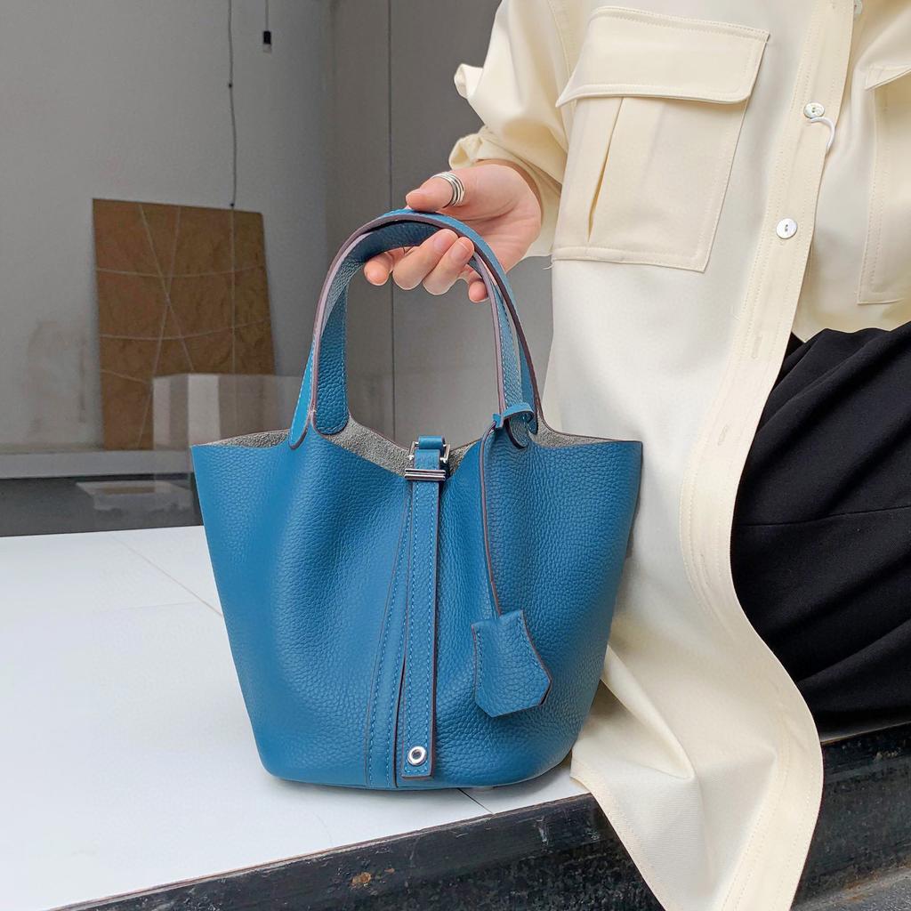 Damenhandtasche Togo-Leder Farbabstimmung Gemüsekorb Große Kapazität Handtasche Rindsleder Litschi-Muster Tasche Damen Kontrastfarbe Handtasche