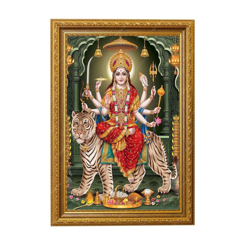 @Maa Durga Religious Photo Frame, Golden Border, Glossy Finish UKD535 80% off