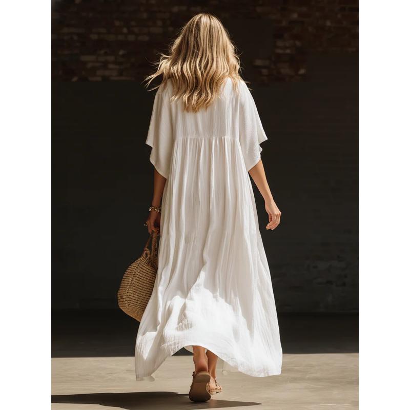Abito Maxi Estivo da Donna a Manica Corta a Pipistrello, Scollo a V, Colore Unito, Ampio e Fluido, Casual, Lungo, per Vacanze, Spiaggia, Uso Quotidiano