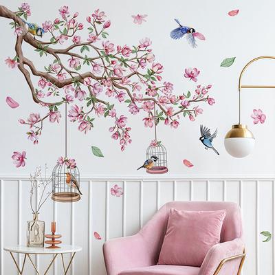 Pink Peach Blossom Bird Samolepky na zeď PVC Samolepící Ložnice Obývací pokoj Art Deco Decal Tapeta Diy Domácí dekorace