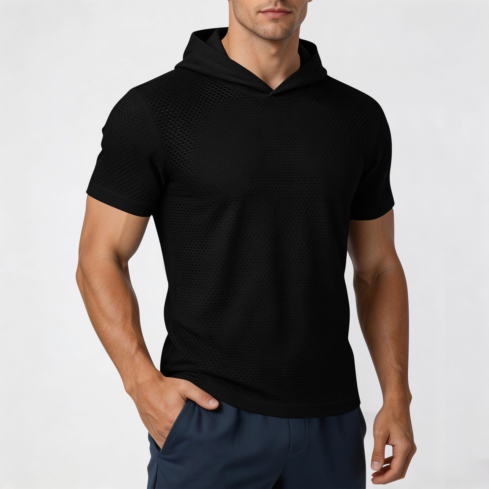 

Men s Fashion Solid Color Short Sleeve Hoodie Lightweight Breathable Mesh Fabric Casual Athletic Fitness T-Shirt Top XXL чёрный