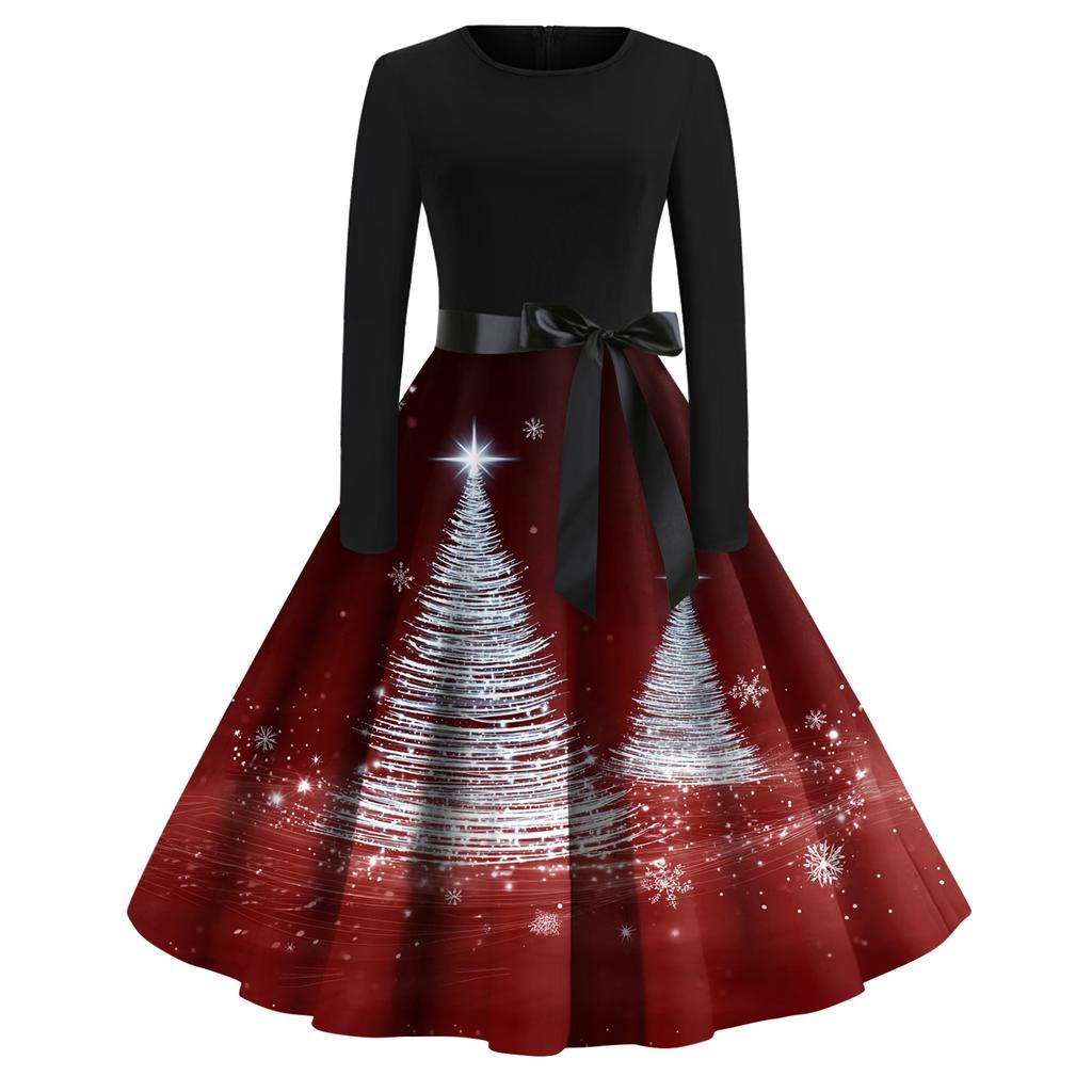 Dámské módní ležérní šaty s kulatým výstřihem a halloweenským potiskem s dlouhým rukávem