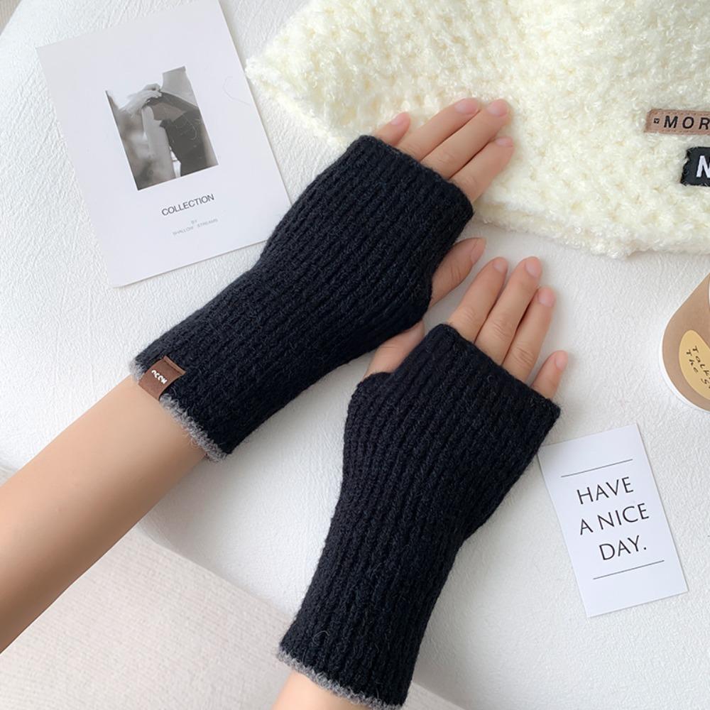 Cashmere Winter Fingerless Gloves Fingerless Thumb Hole Short Gloves чёрный