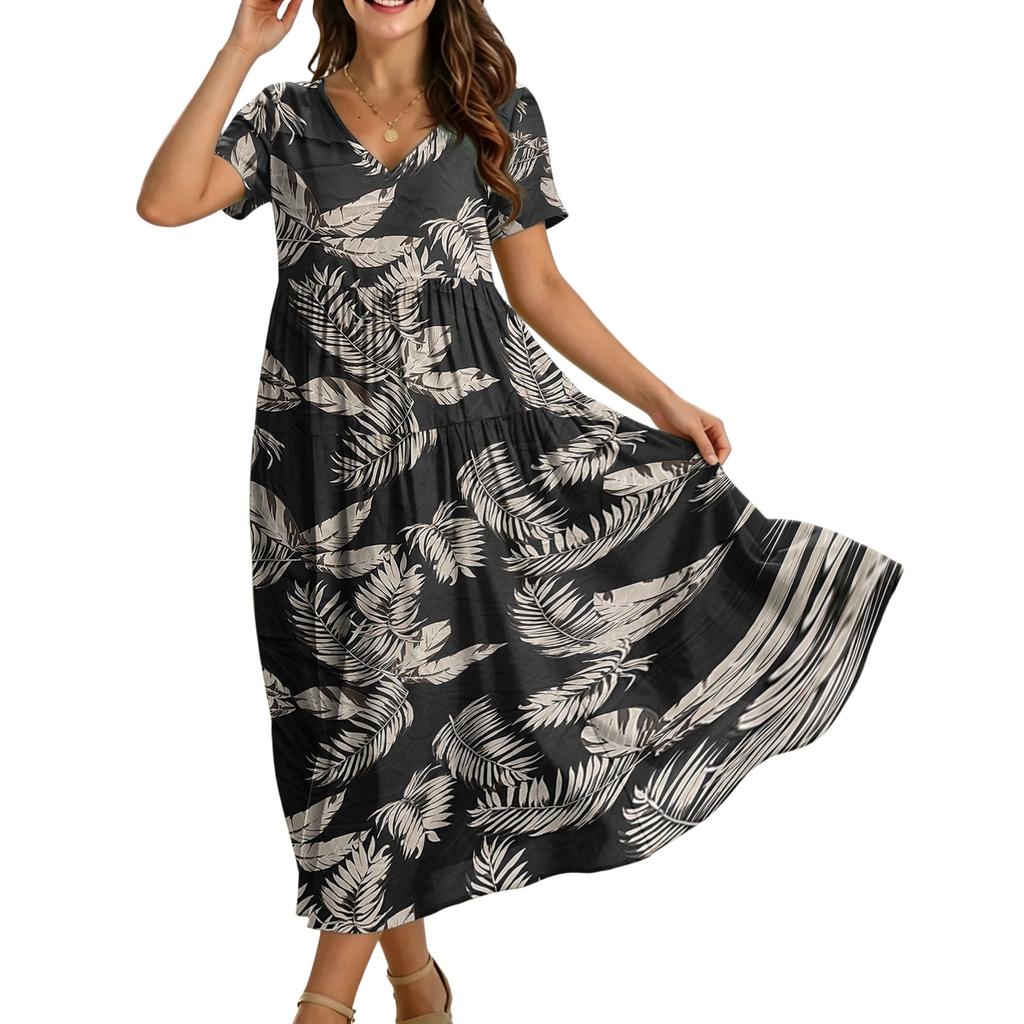 Women's Casual Loose Fit Bohemian Style Gradient Print Short Sleeve V Neck Maxi Dress with Flowing Skirt and Relaxed Silhouette