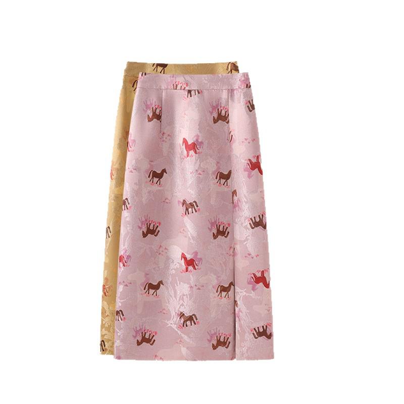 Women's Pink Chinese-Style High Waist Slit Print A-Line Skirt - Spring 2026