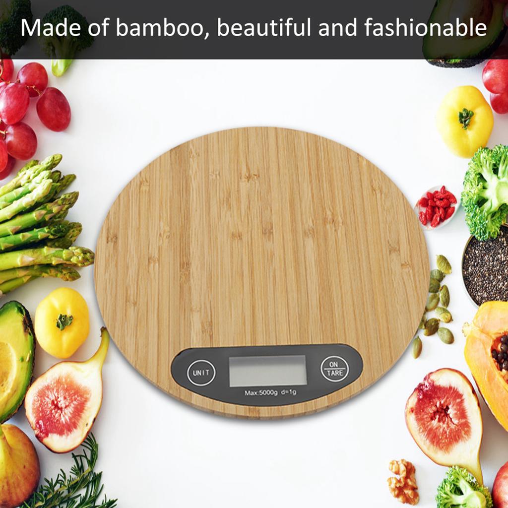 Round Bamboo LED Display Electric Kitchen Weighing Scale Cooking Food 5kg/ 1g