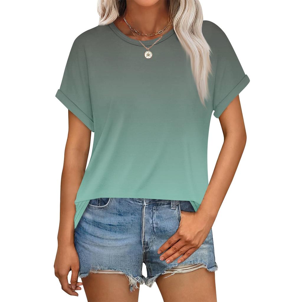 Damen Casual Mode Rundhals Umgeschlagener Saum Kurzarm Blumenoberteil