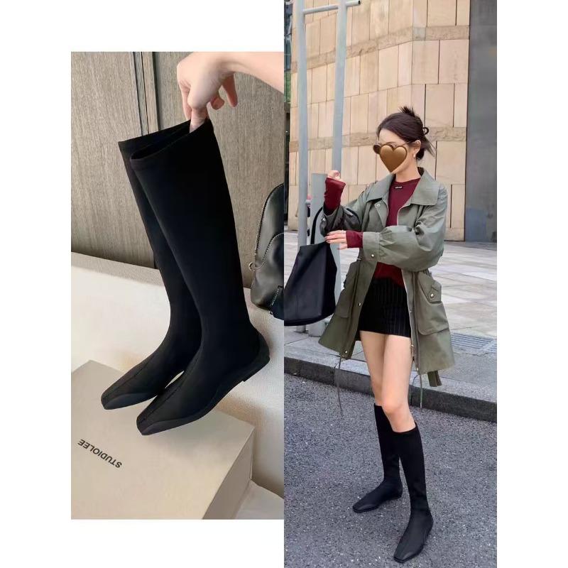Studiolee fashionable comic legs~ temperament square head flat bottom bare boots bag legs medium tube thin boots women