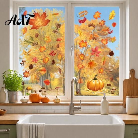 Autumn Window Clings 5Pcs Maple Pumpkin Static Clings, Fall Harvest Stickers, Easy Apply Decorations Glue-Free Removable Decor for Thanksgiving