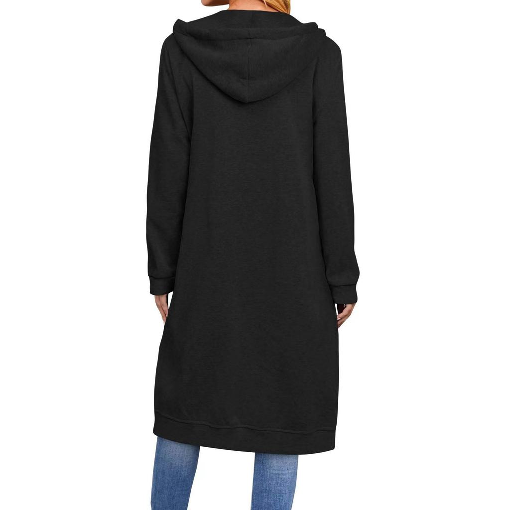 Loose Zip Long Cardigan Jacket Dame hettegenser Lang frakk med lomme
