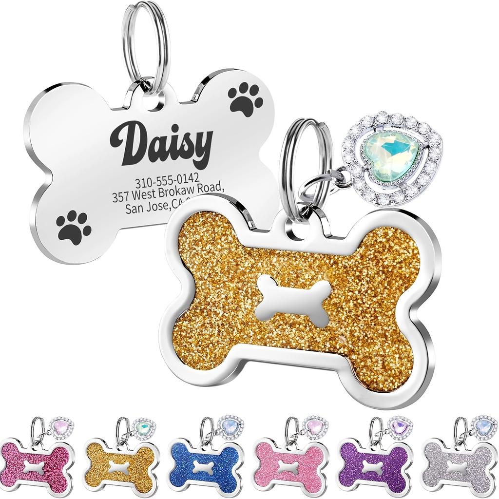 Personalized Glitter Bone Dog Tag Custom Pet ID Tag with Name Phone, Double Sided Collar Pendant for Dogs Cats