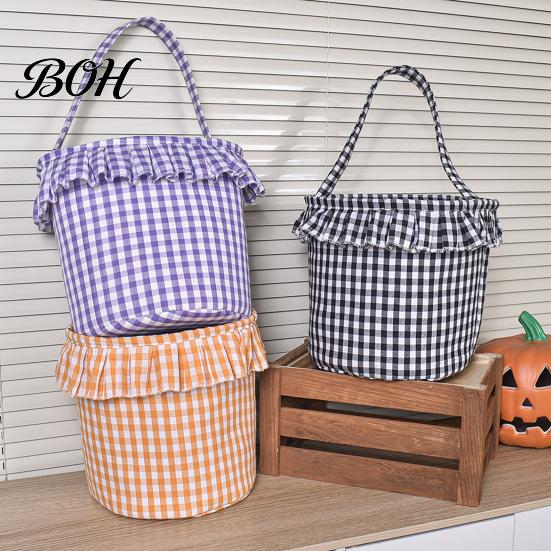 Easter Egg Hunt Carriers Halloween Basket, Plaid Ruffle Trick or Treat Candy Bucket with Handle Kids Party Supplies for Kids, Reusable Gingham Fabric