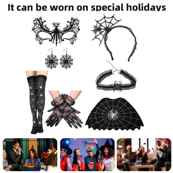 Halloween Spider Web Costume for Women Black Lace Headband Choker Gloves Spider Web Cape Masque Thigh High Long Stockings