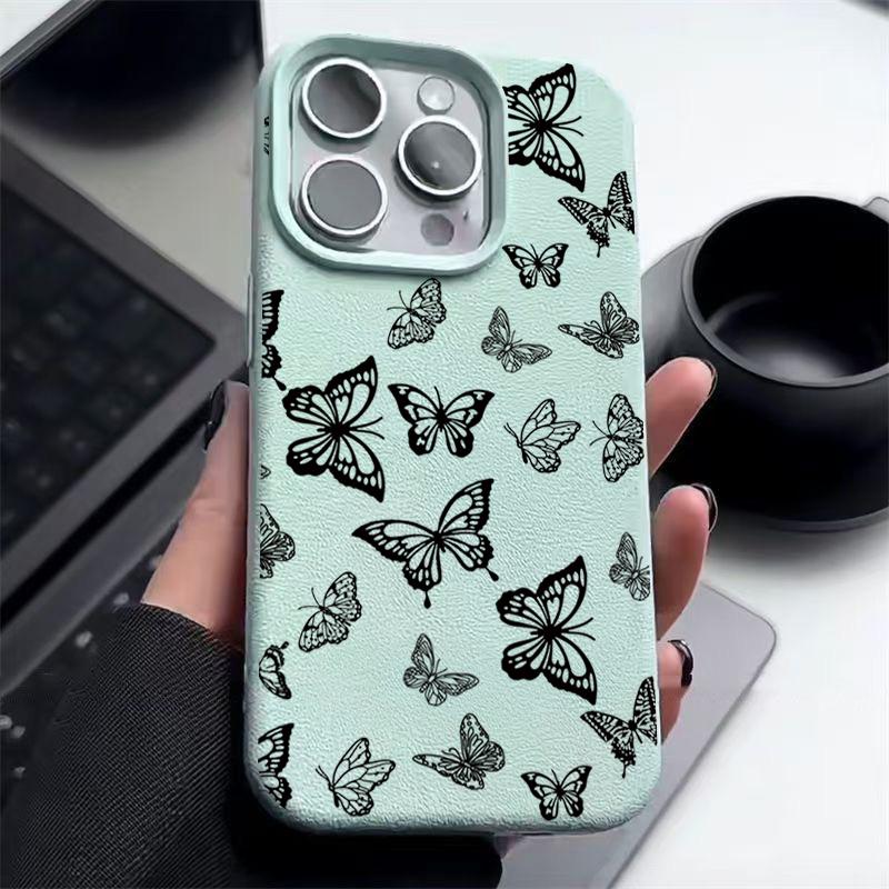 Černý pouzdro na telefon s potiskem motýlů, odolné proti nárazům, pro iPhone 16 16E 15 Pro 14 Pro Max 13 12 11, TPU měkký matný zadní kryt proti pádu