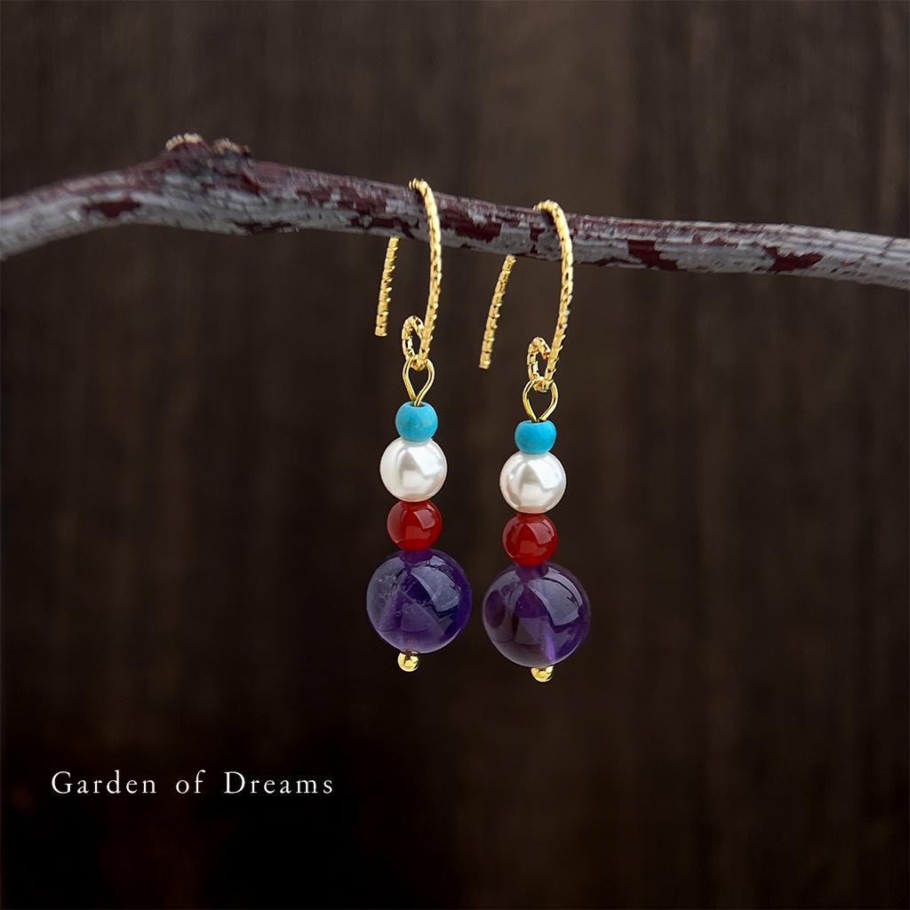 Handcrafted Amethyst Beaded Earrings: Retro Chinese Style for Cool Summer Elegance