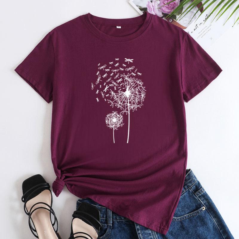 Summer Round Neck Dandelion Dragonfly Pattern Printed Top Fashionable Casual Short Sleeved Women's Pure Cotton T-shirts