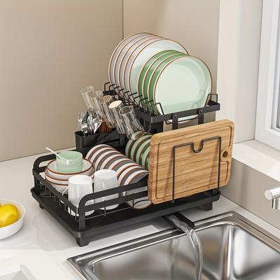 Kitchen Dish Drying Rack, Metal 2-layer Sink Top Dish Rack, Space-saving Cutlery and Baking Utensils, Organizational Rack with Chopstick Storage