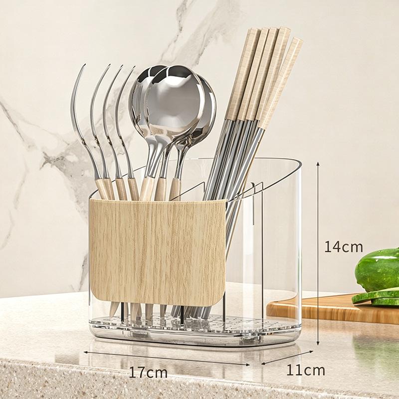 Bamboo Wood Grain Chopstick Holder with Draining Rack