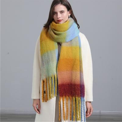 Bufanda de mujer de moda europea y americana de otoño e invierno 2024, chal cálido grueso de cachemira de imitación con borlas de empalme de rejilla