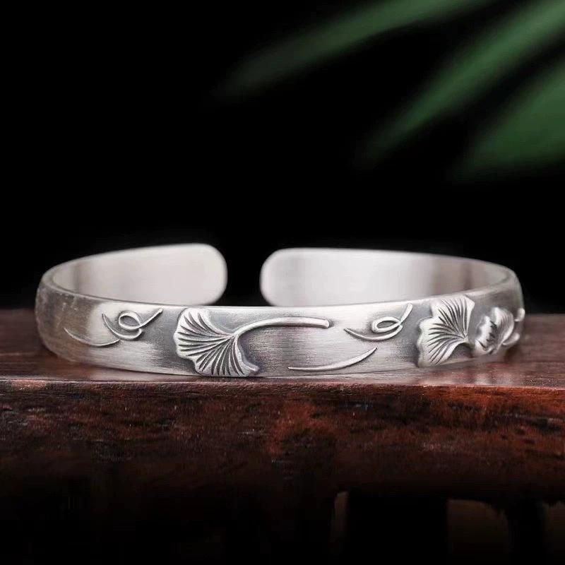 New Chinese style ginkgo biloba leaf silver bracelet women's sterling silver bracelet leaf retro ethnic style relief opening solid silver
