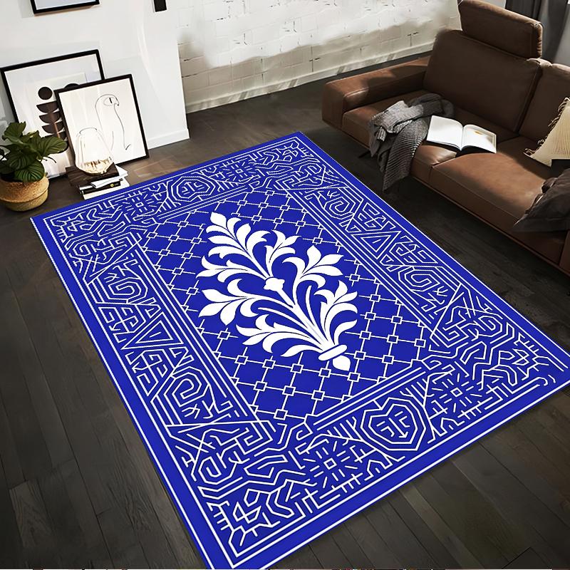 Floral Pattern Carpet with Geometric Border Design in Blue and White Suitable for use as an anti-slip for living room bedroom sofas