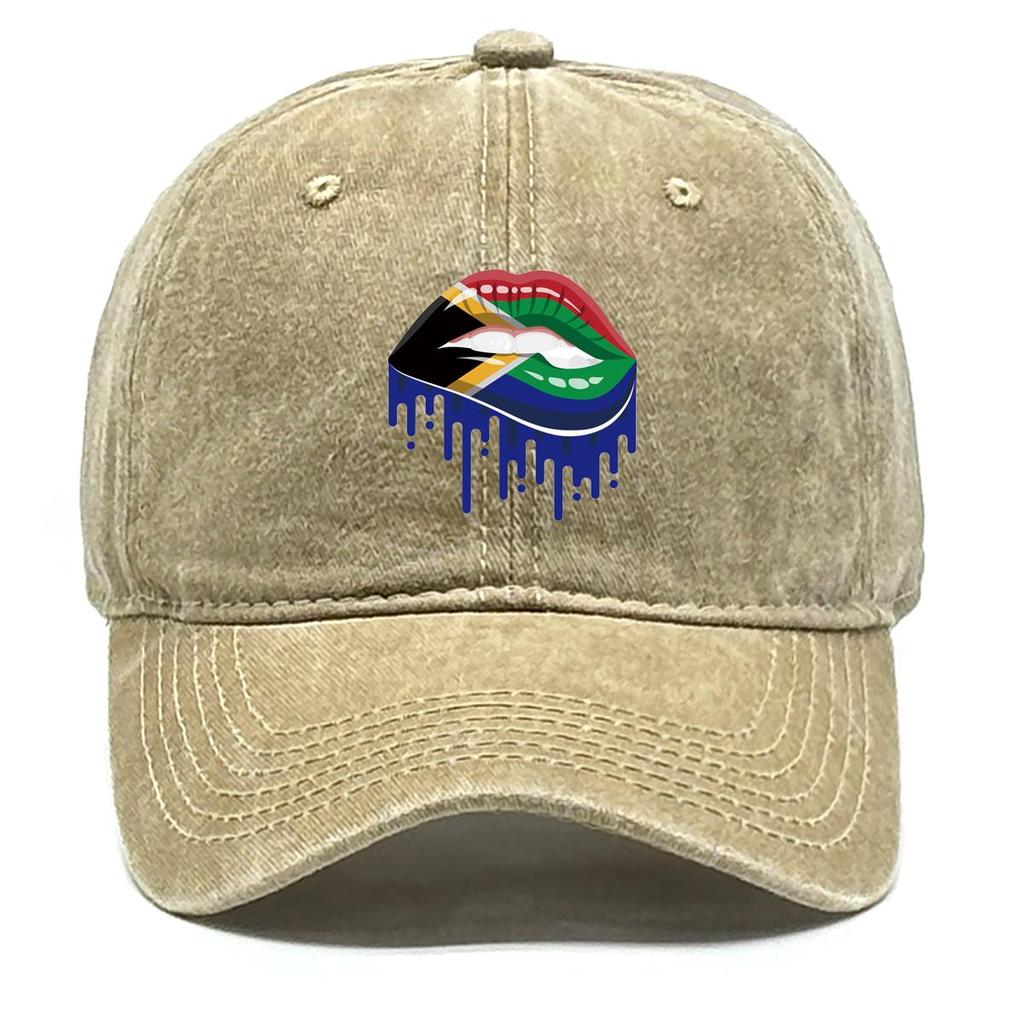 South Africa Flag Lip Print Snapback Sun Hat, Patriotic Flat Cap Hip Hop Leisure Sporting Retro Adjustable Baseball Hat