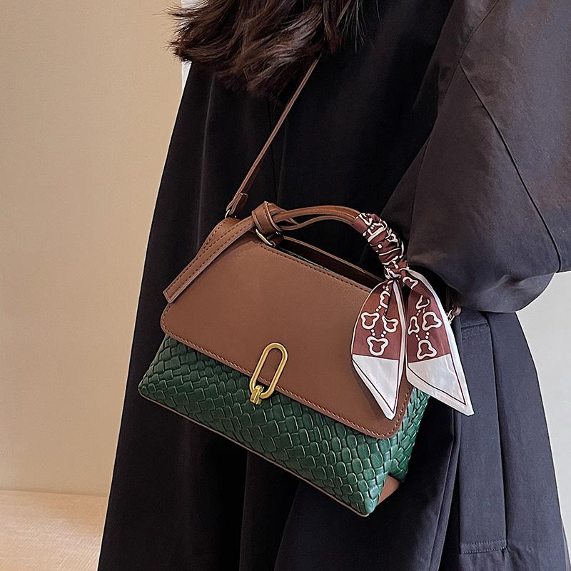 Fashion Popular Weave Women's Top-handle Bags Double Layer Versatile Lady Single Shoulder Crossbody Bag High-end Texture Small Square Bag with Scarf