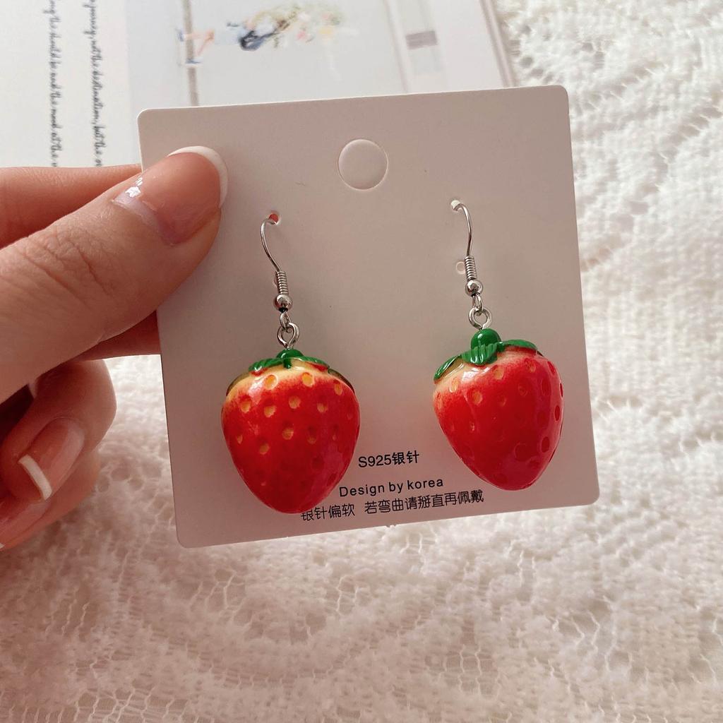 Fashion Strawberry Pendant Necklace Earring Sweet Clavicle Chain Simple Choker 3D Fruit Dangle Earring Statement Jewelry