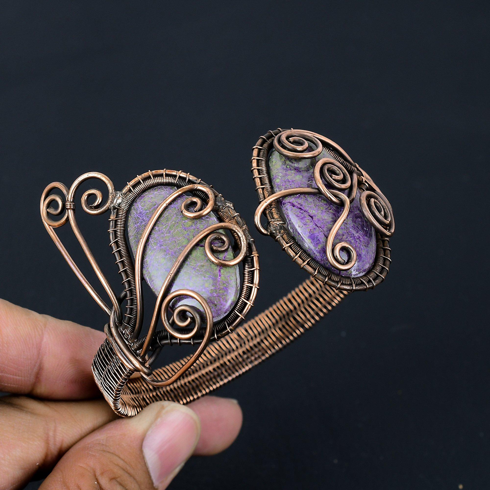 

Драгоценный камень Пурпурит, чистая медная проволока, завернутая в манжеты/браслет ручной работы, ювелирные изделия