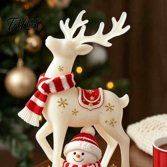 Resin Elk Snowman Ornaments Christmas Reindeer Figurine, White Deer Statue with Red Scarf, Unique Housewarming Gift Winter Holiday Tabletop Fireplace