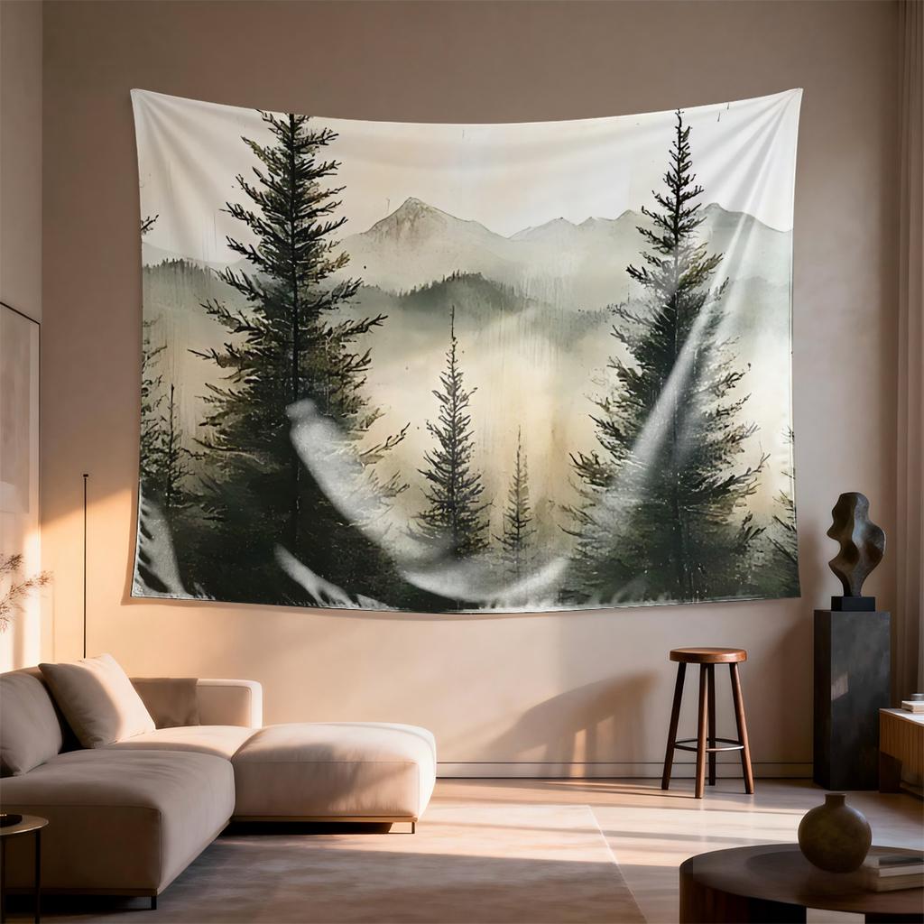 Foggy Forest Scene Tapestry  Mountain Pine Tree Design Nature Landscape Wall Hanging for Bedroom or Dorm Decor